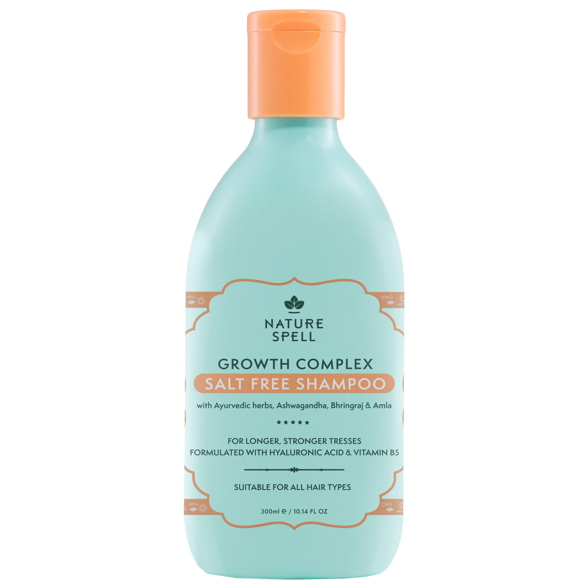 Nature Spell Hair Growth Shampoo bottle shows a gentle sulfate-free cleanse for all hair types.