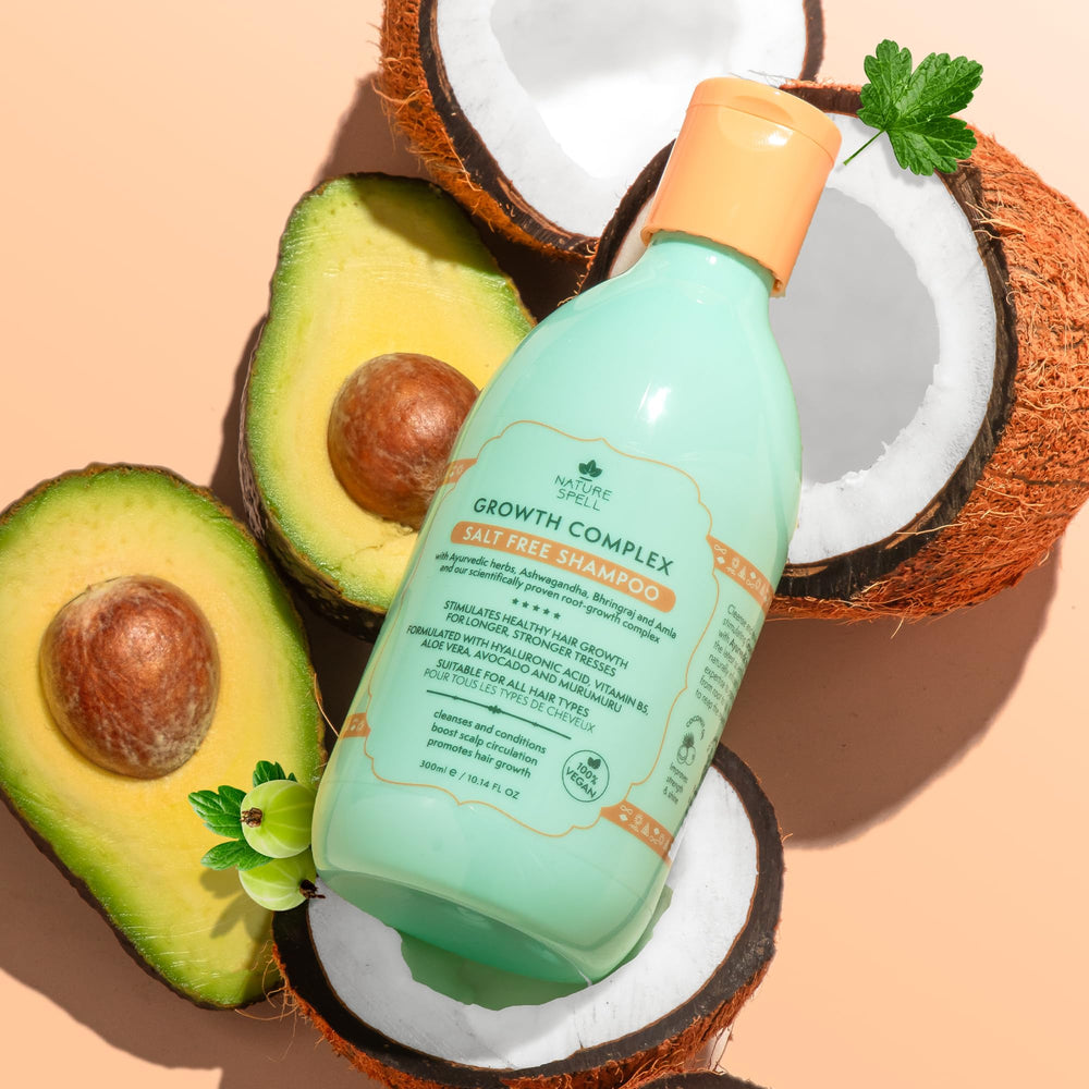 Nature Spell Hair Growth Shampoo on hair showcases nourished, vibrant strands.