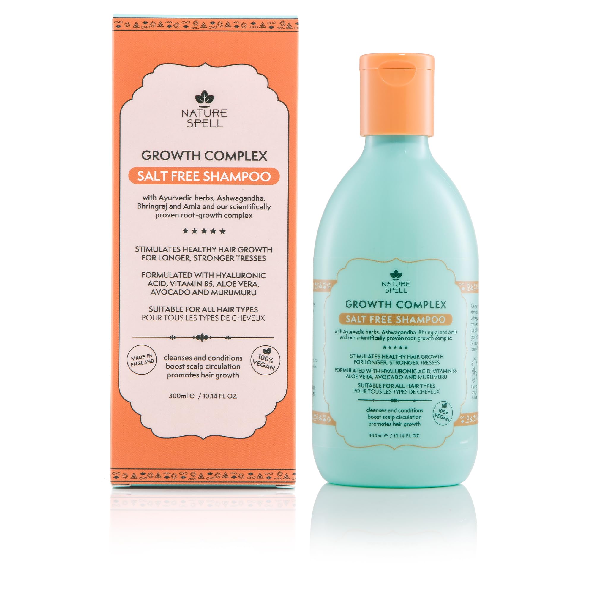 Nature Spell Hair Growth Shampoo packaging emphasizes vegan, cruelty-free standards.