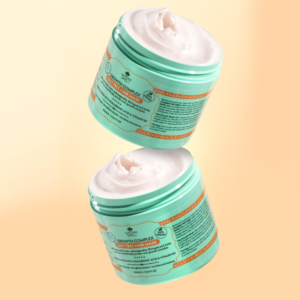Nature Spell Hair Mask tub with cap shows vegan color-safe formula for damaged hair