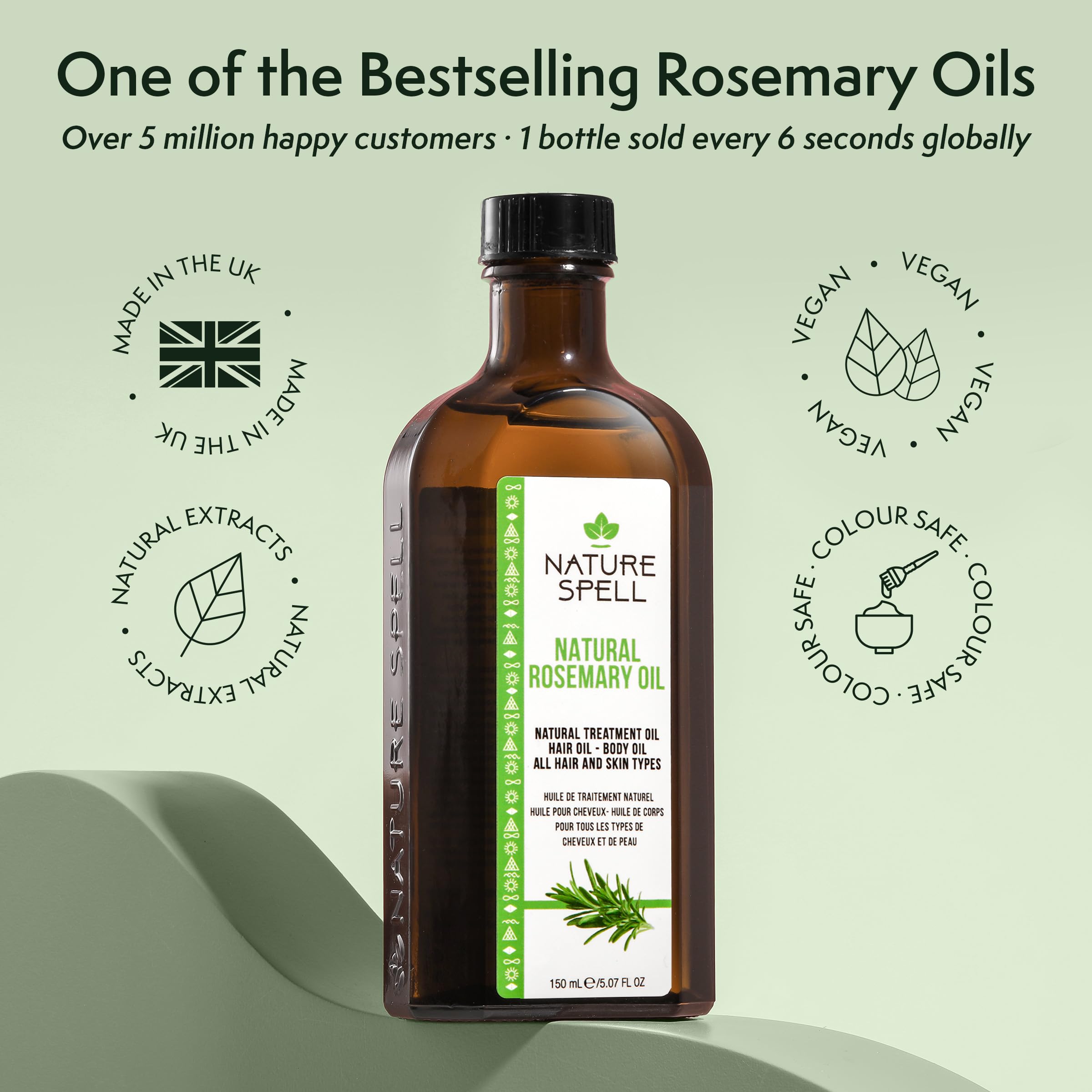 Nature Spell Rosemary Oil in-use-bottle shows direct scalp nourishment on fingertips