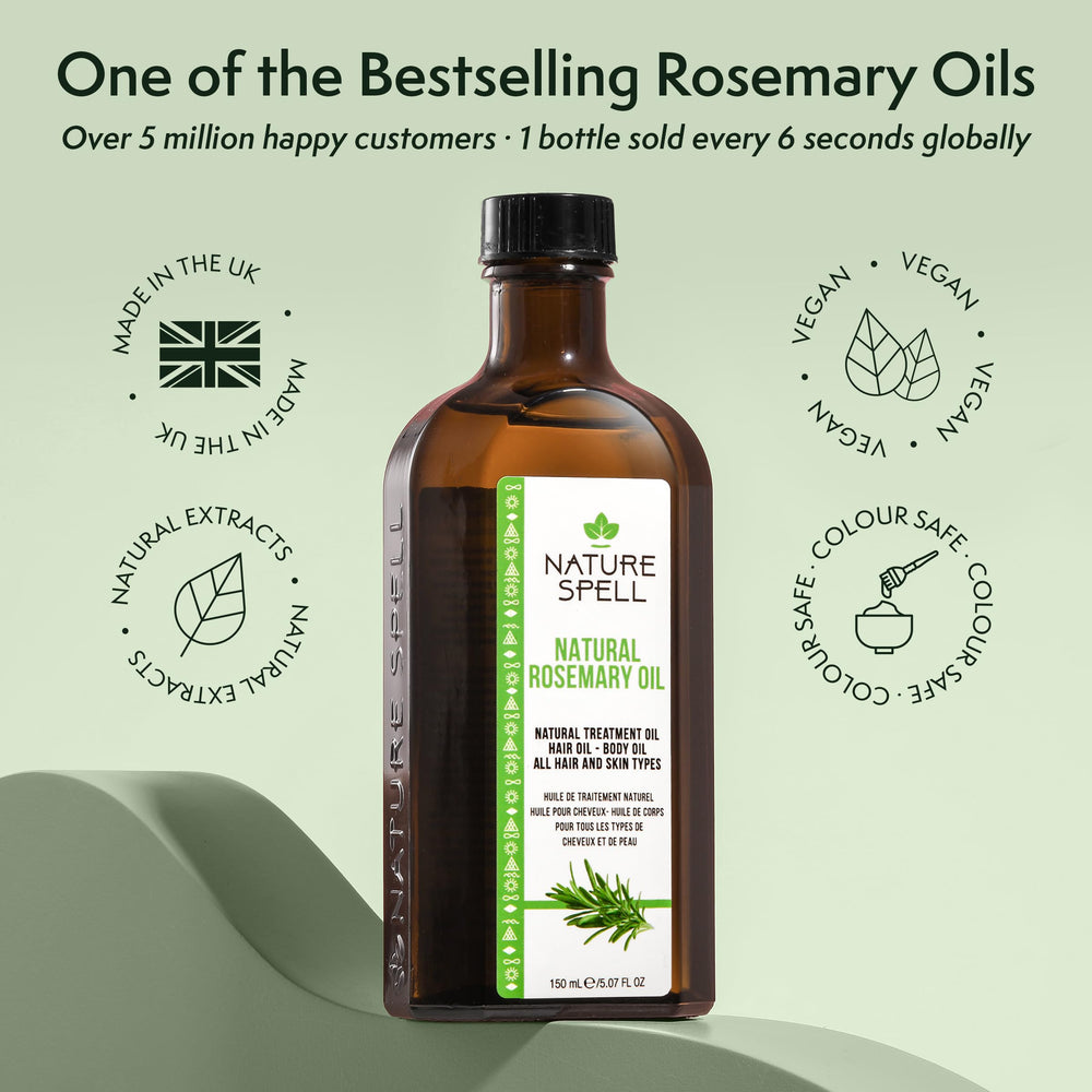 Nature Spell Rosemary Oil in-use-bottle shows direct scalp nourishment on fingertips