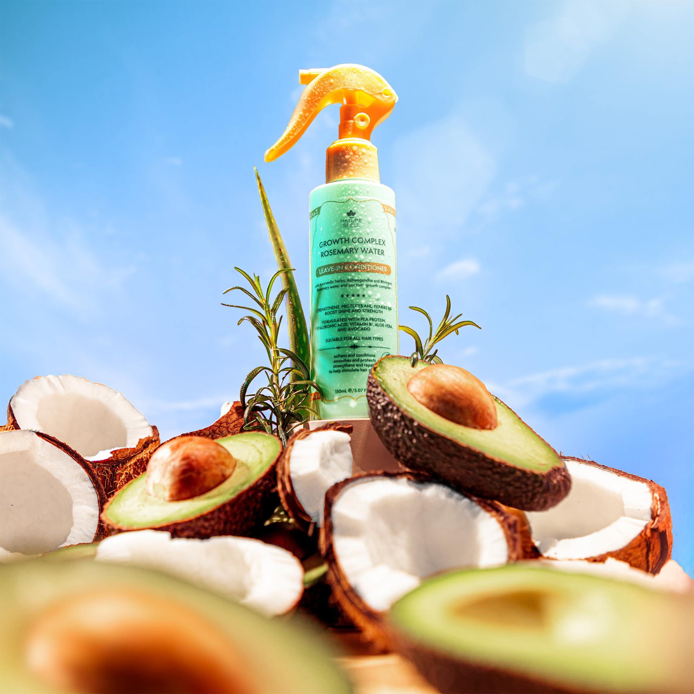 Nature Spell Rosemary Water Leave-In Conditioner bhringraj-oil focus nourishing scalp and strands.