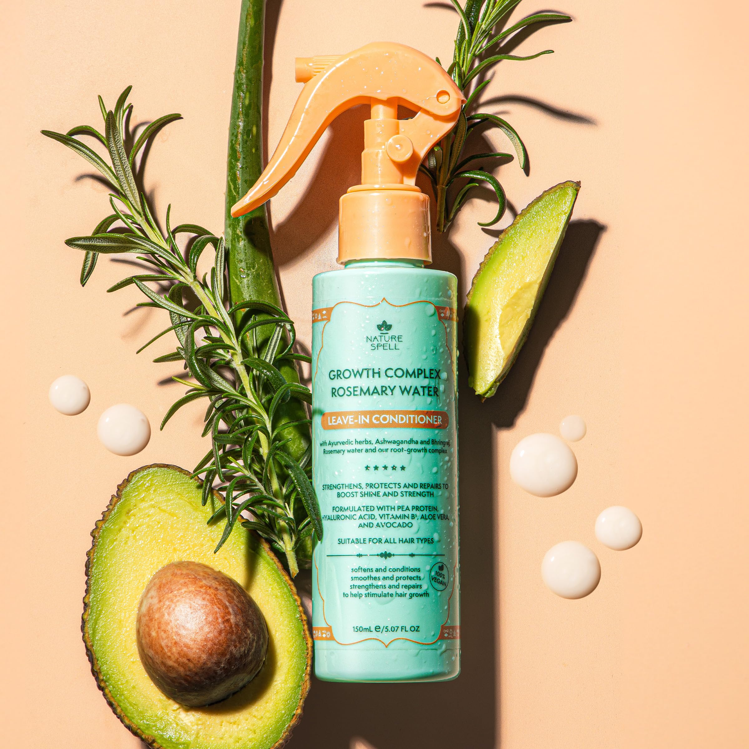 Nature Spell Rosemary Water Leave-In Conditioner pea protein emphasis strengthens hair against breakage.