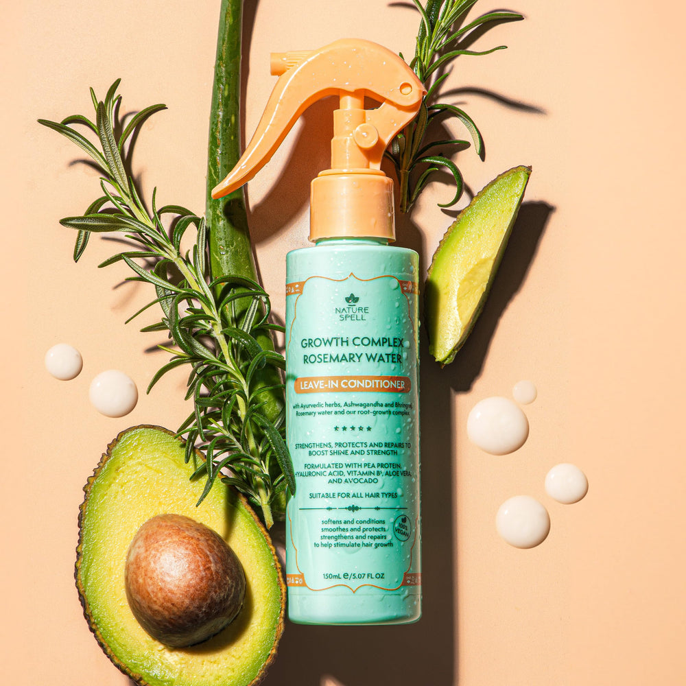 Nature Spell Rosemary Water Leave-In Conditioner pea protein emphasis strengthens hair against breakage.