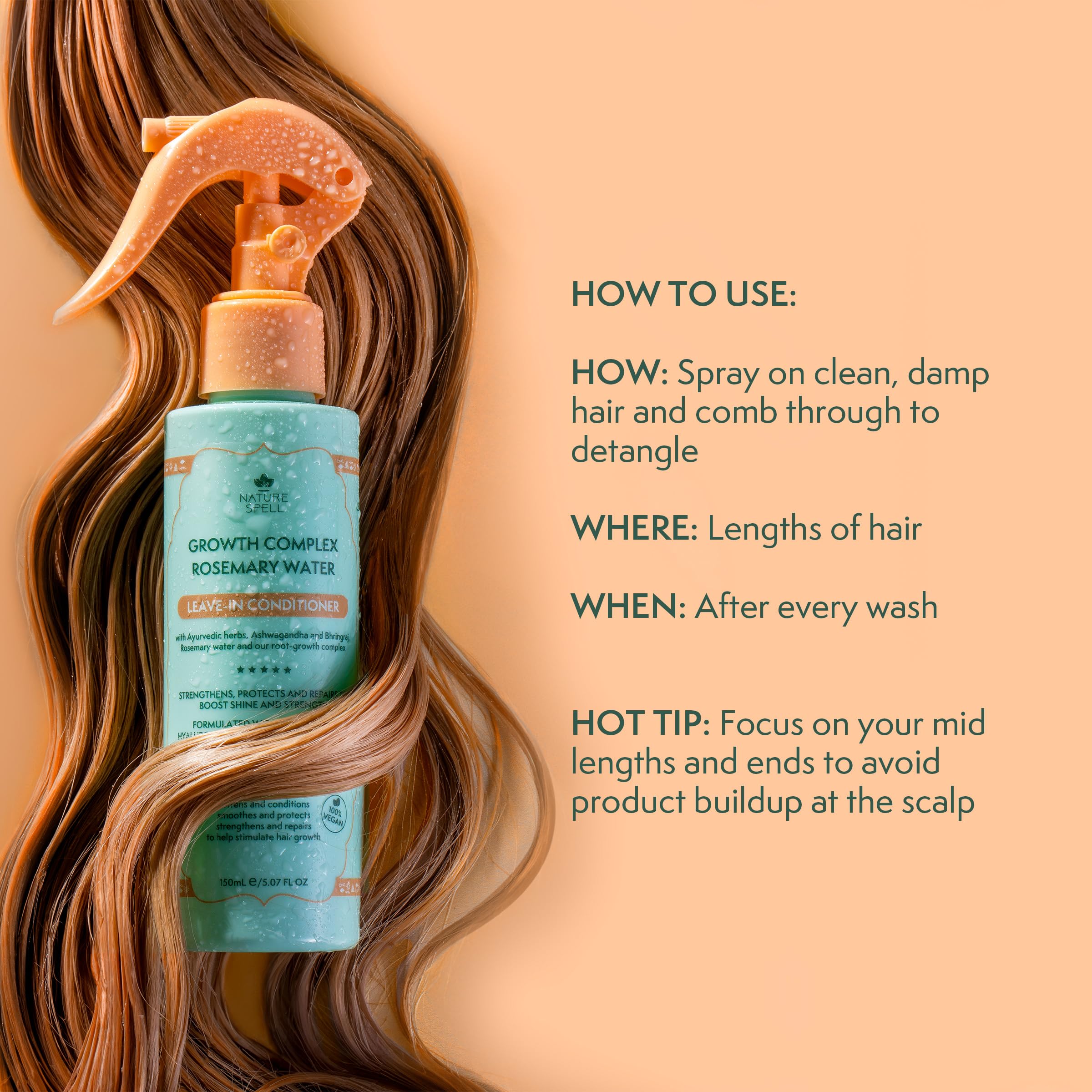 Nature Spell Rosemary Water Leave-In Conditioner texture on finger showing lightweight hydration.