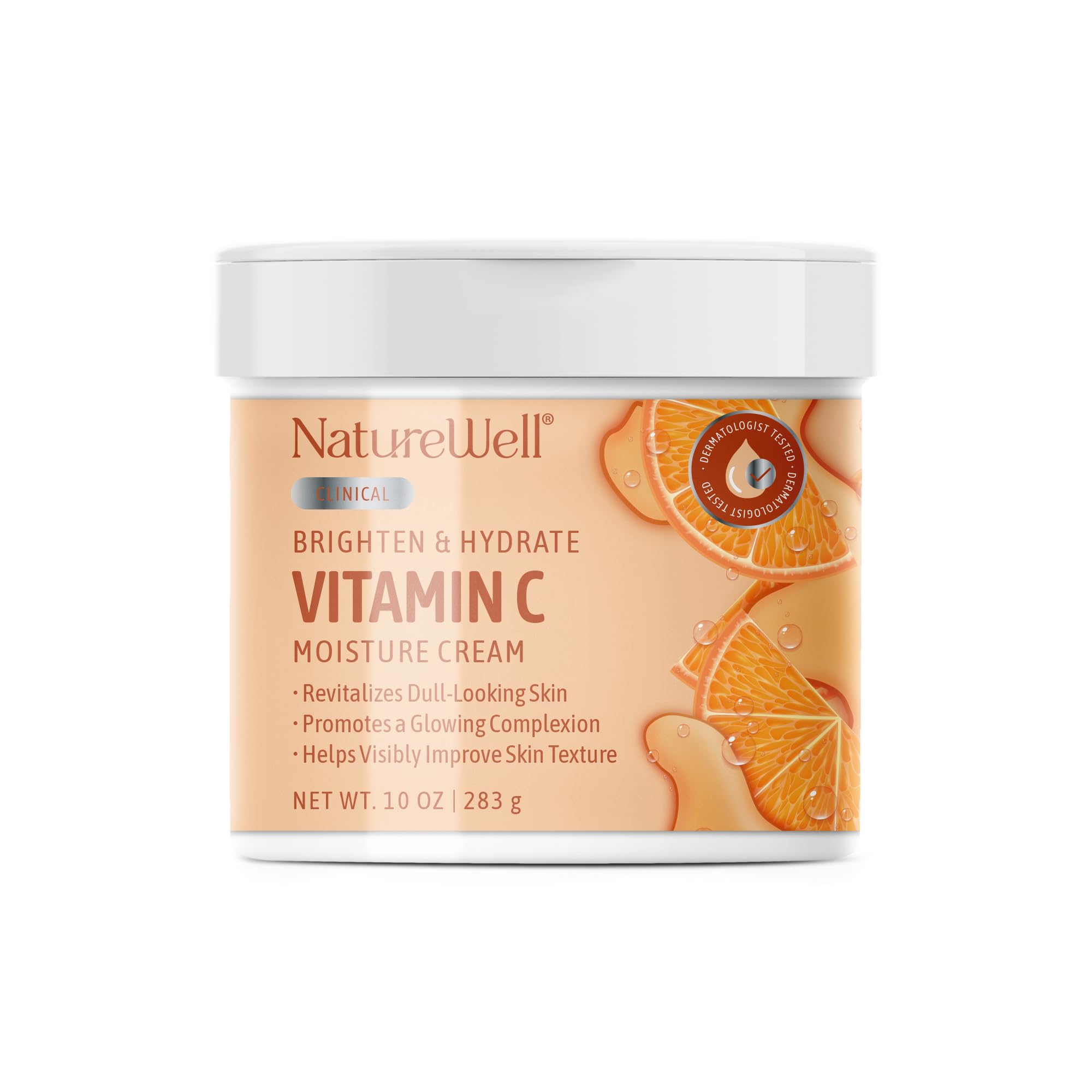 NATURE WELL clinical brightens hydrating cream bottle shows quick-absorption for face, body, hands