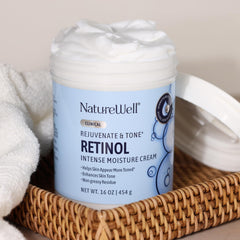 Nature Well floral scent retinol cream jar with spa vibes.