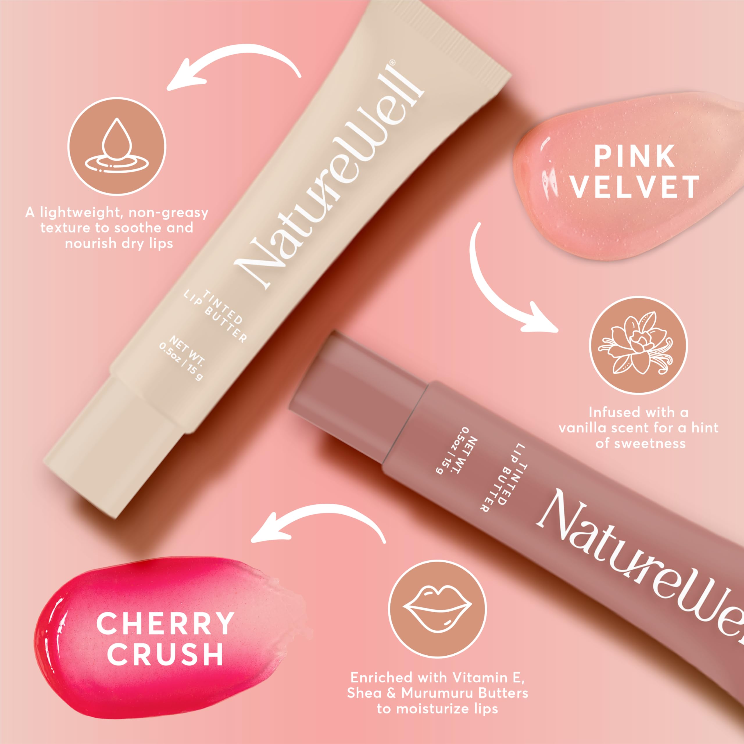 Nature Well Pink Velvet swatch shows cool pink tint with smooth, conditioning texture.