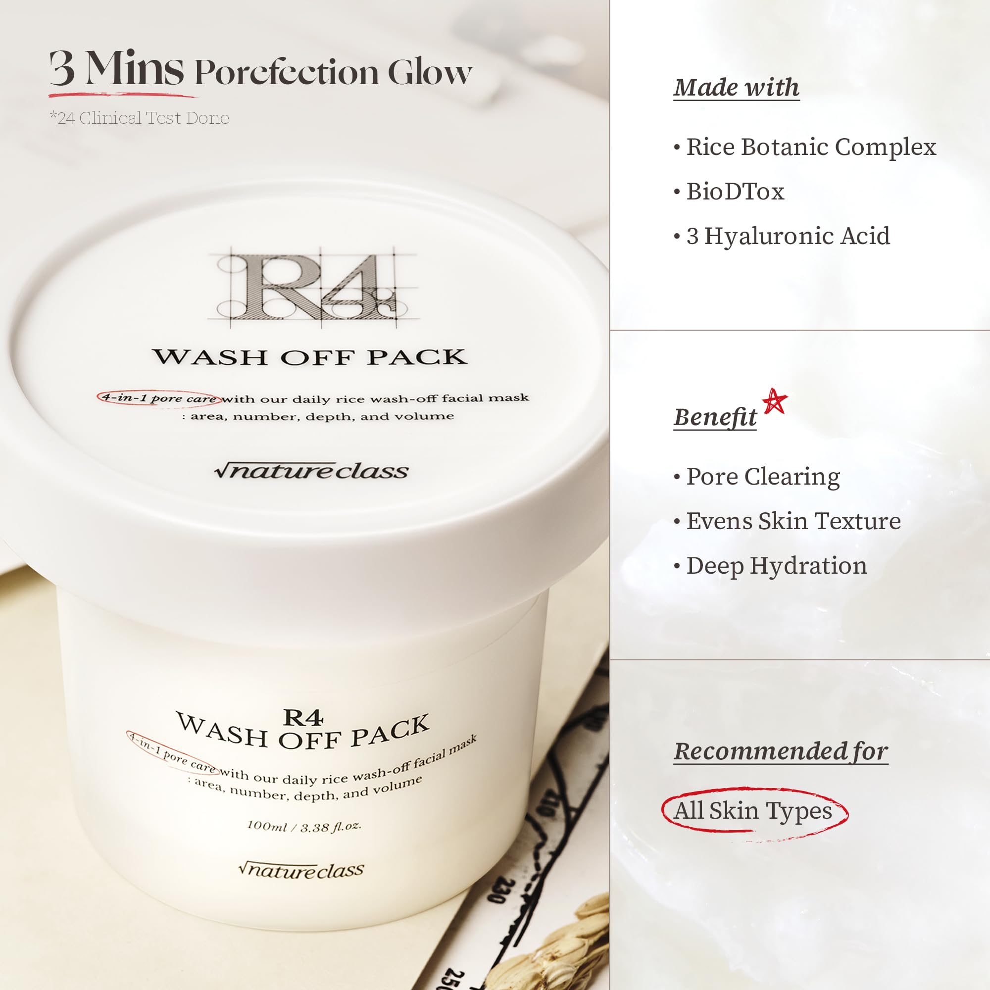 NATURECLASS R4 enzyme blend close-up highlighting fermented rice actives for brightening surface texture.