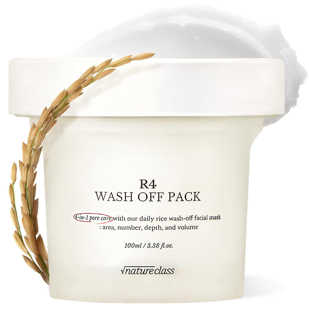 NATURECLASS R4 Rice Wash Off jar showing creamy formula for gentle exfoliation and pore refinement.