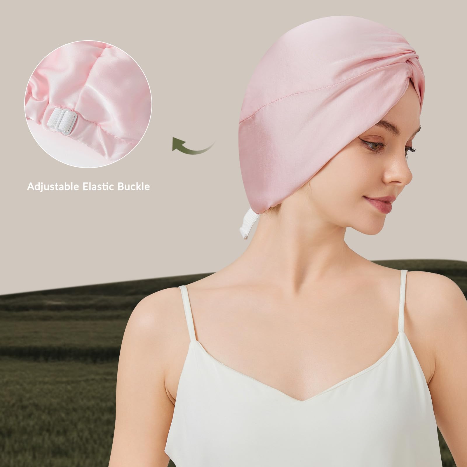 NatureKess silk bonnet with elastic band on head demonstrates secure all-night stay