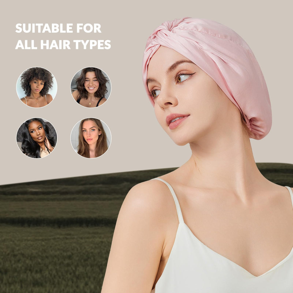 NatureKess travel-friendly pink silk bonnet shown for overnight trips