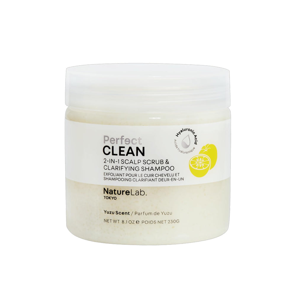 NatureLab.TOKYO Perfect Clean Scalp Scrub bottle offers a refreshing 2-in-1 cleanse for the scalp.