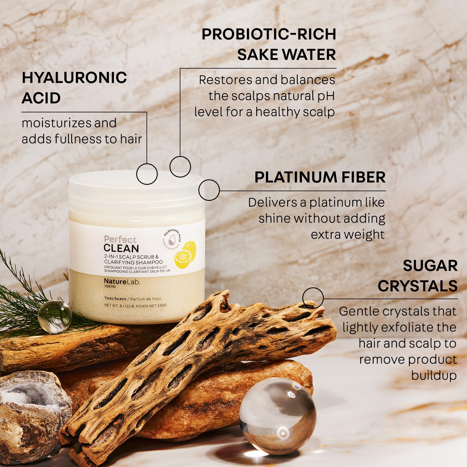 NatureLab.TOKYO Perfect Clean Scalp Scrub hyaluronic-acid texture showing deep hydration.