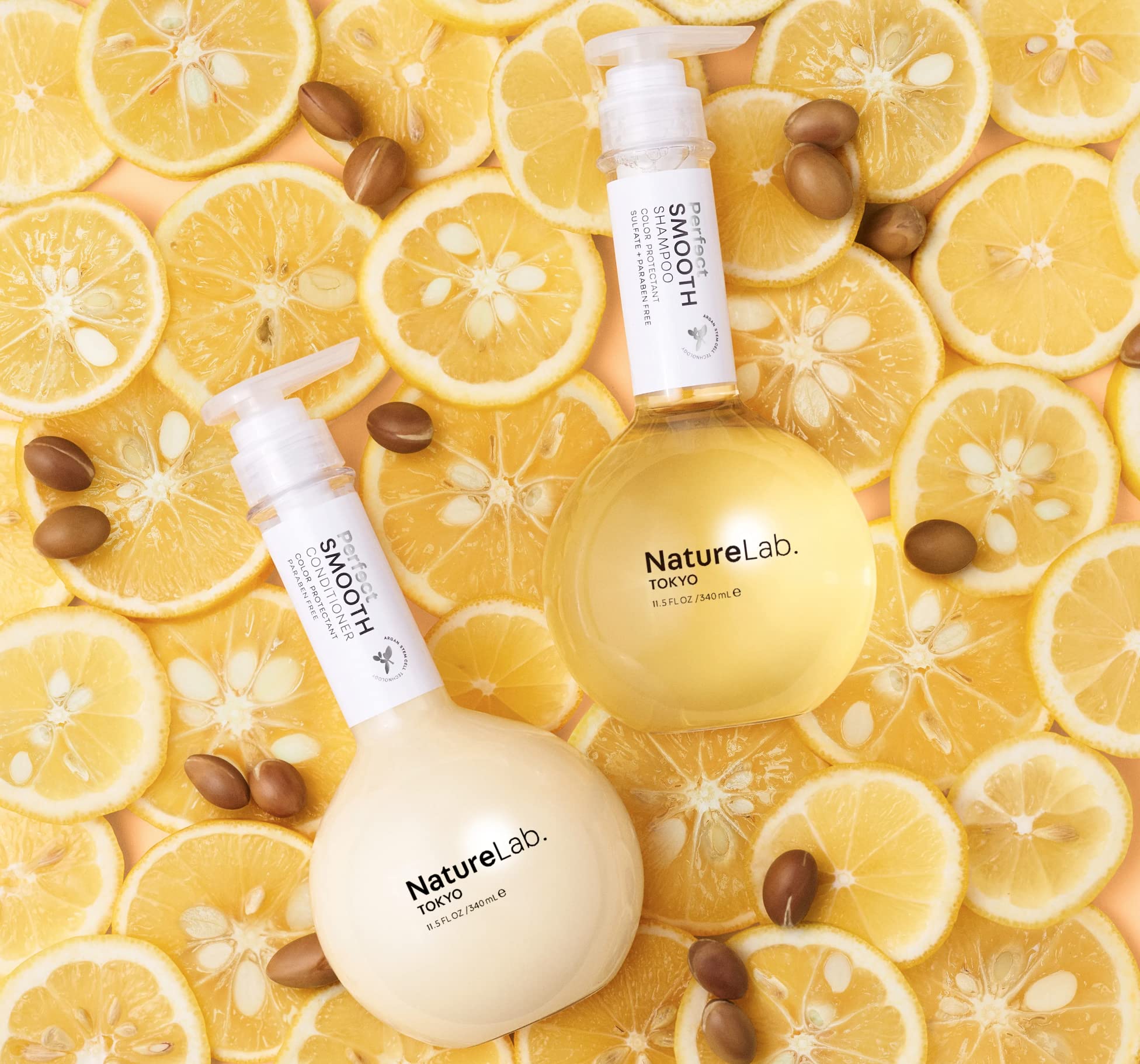 NatureLab Tokyo Perfect Smooth Shampoo bottle demonstrates frizz control for sleek hair.