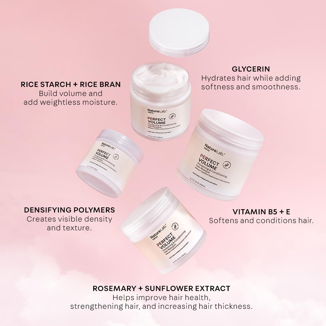 NATURELAB. TOKYO thickening masque application showing root-to-tip plumpness.