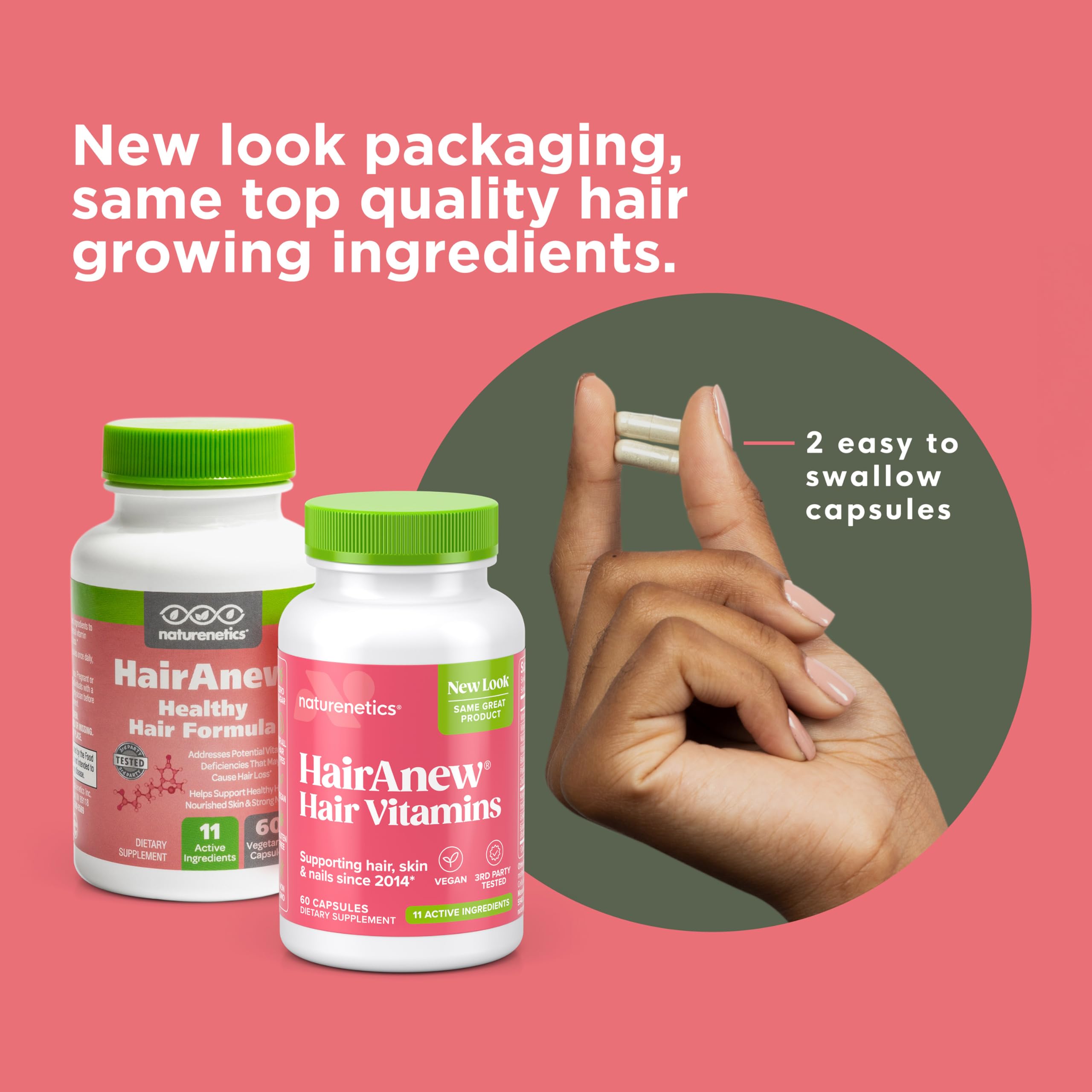 Naturenetics HairAnew capsules closeup showing easy two-per-day intake