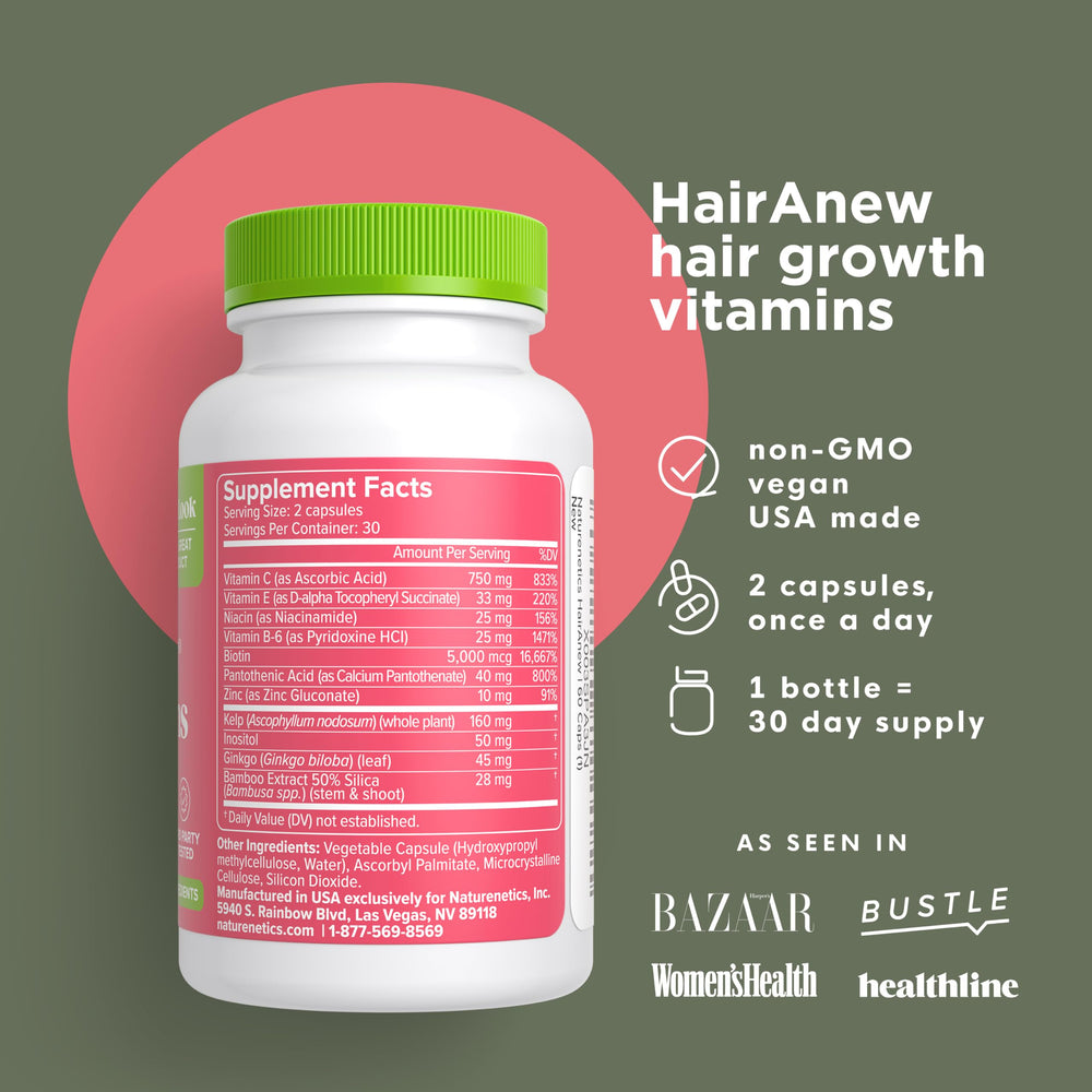 Naturenetics HairAnew ingredients chart highlights 11 nutrients including biotin