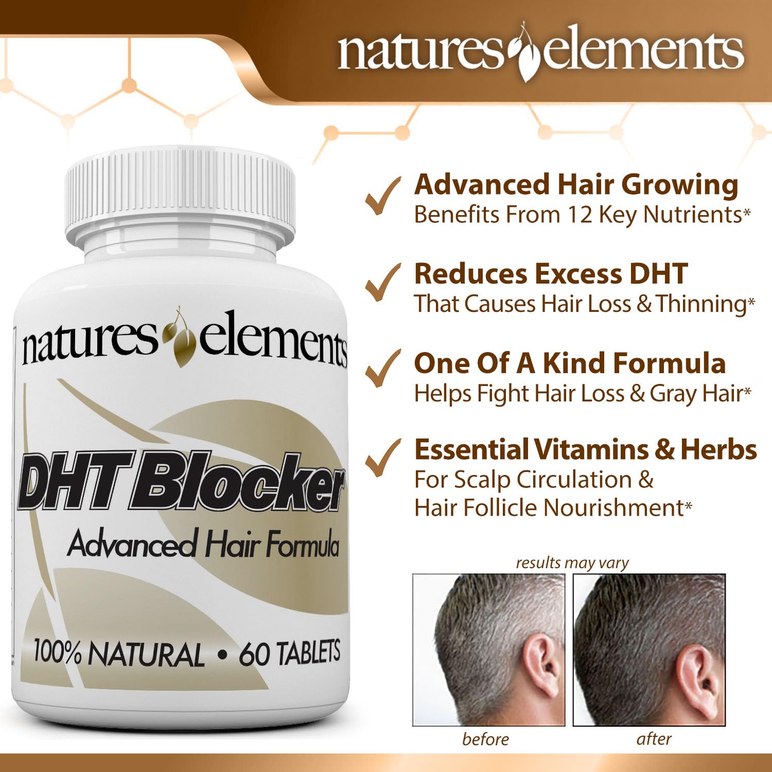 Natures Elements DHT Blocker bottle label highlights vegetarian, clean formula