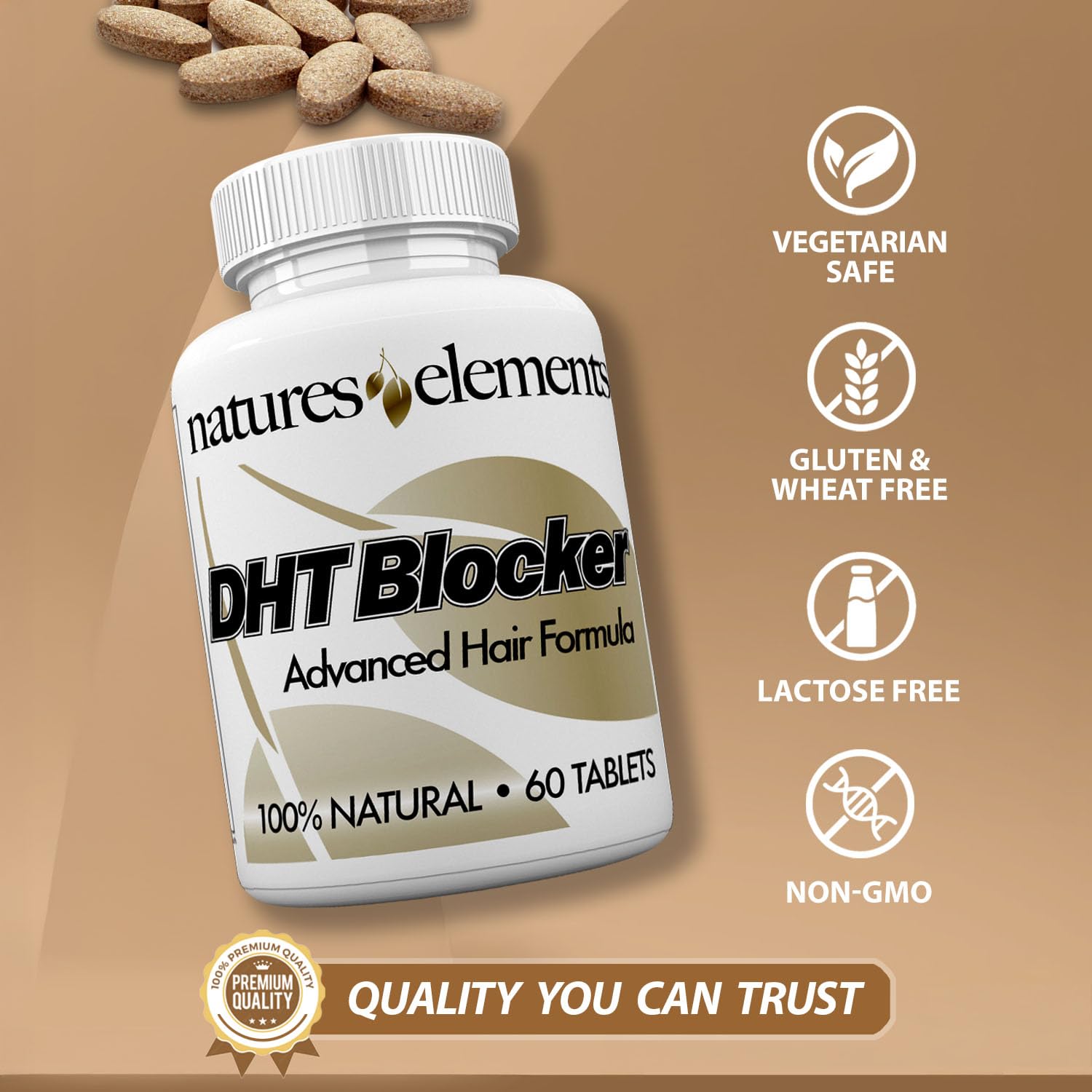 Natures Elements DHT Blocker capsules closeup showcases herbal ingredients blend