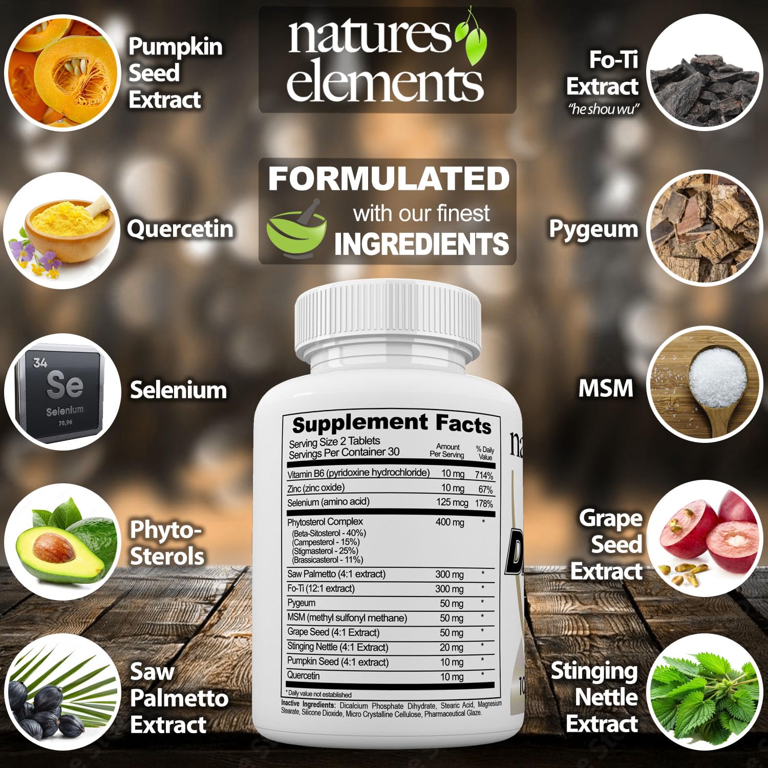 Natures Elements DHT Blocker Pygeum and Stinging Nettle ingredients