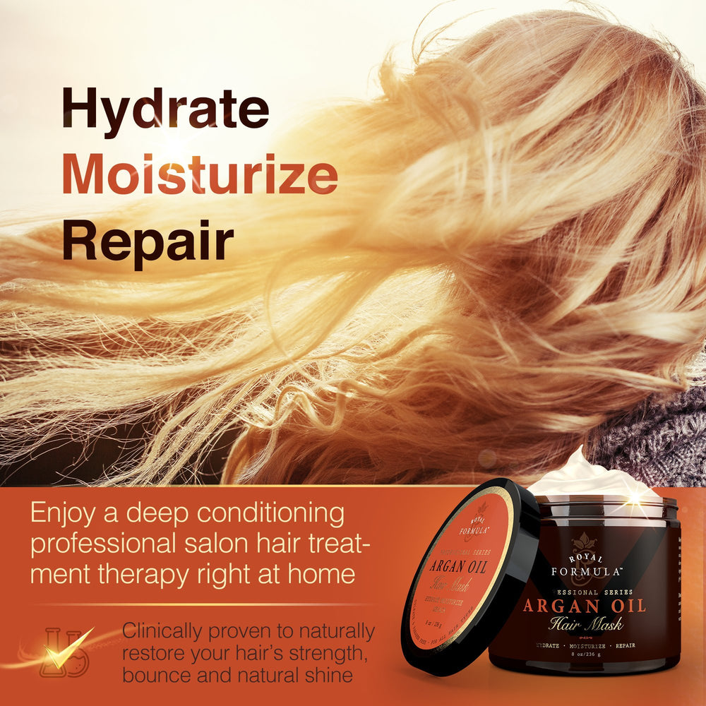 Nature's Potent Argan Oil Hair Mask ingredients bottle highlights nourishing oils for healthy hair.