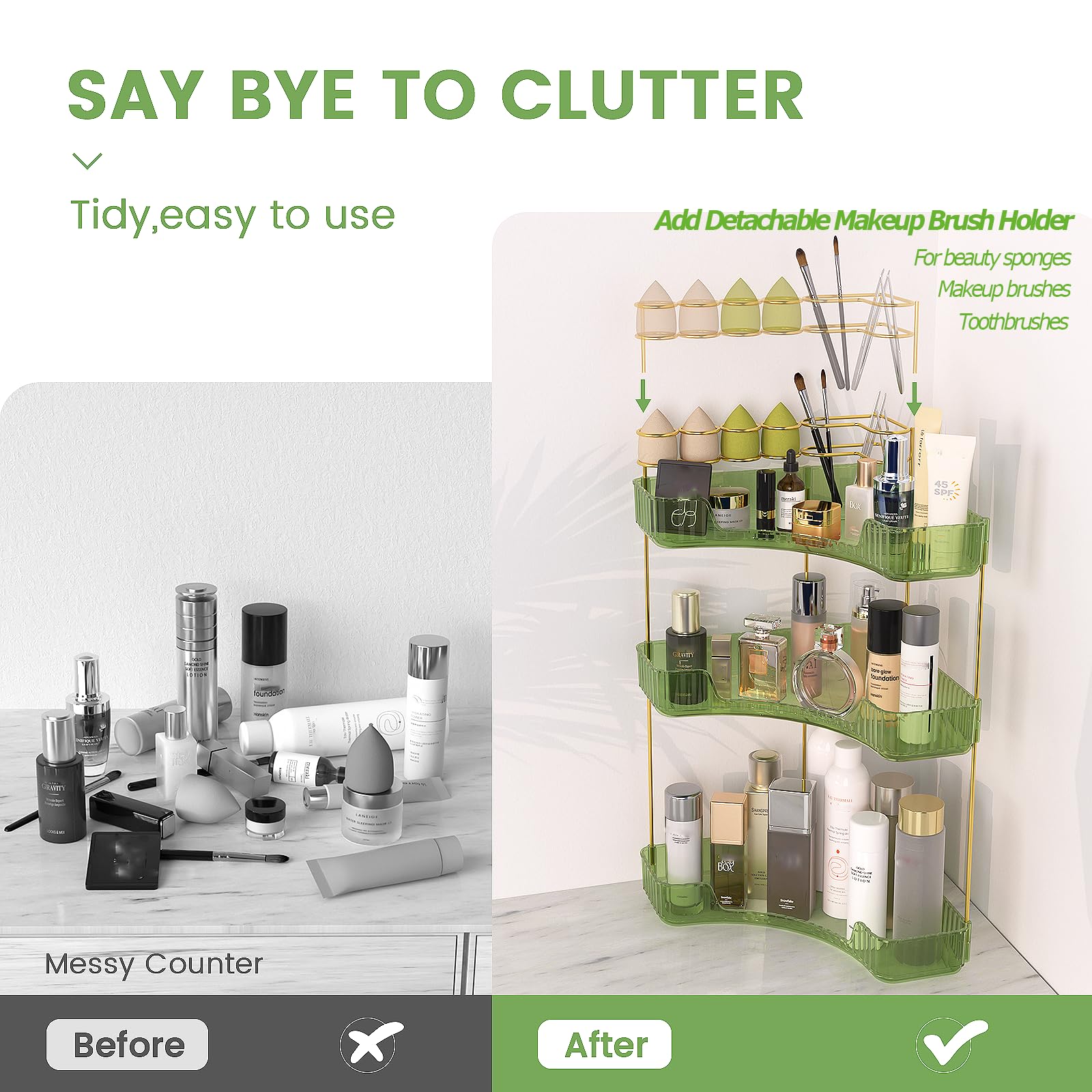 Nature's Source corner storage bathroom neatly houses tall bottles.