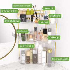 Nature's Source decorative perfume display with golden rod and clear trays.