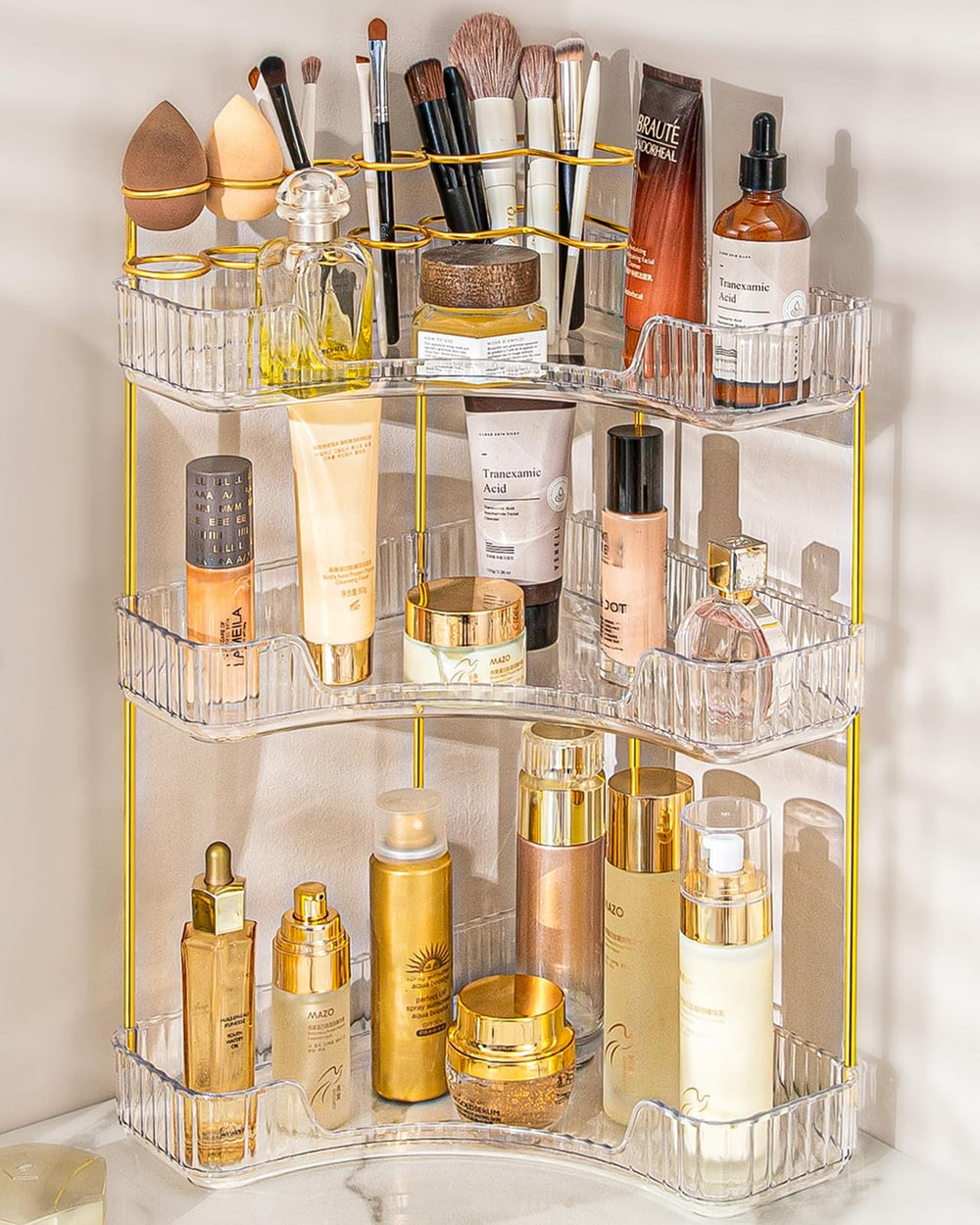 Nature's Source 3-tier corner makeup organizer on vanity for clutter-free counter.
