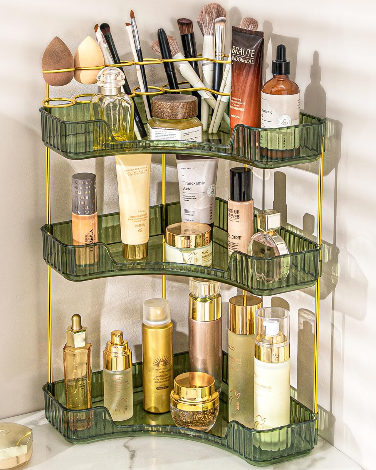 Nature's Source makeup organizer 3-tier corner keeps vanity tidy and accessible.