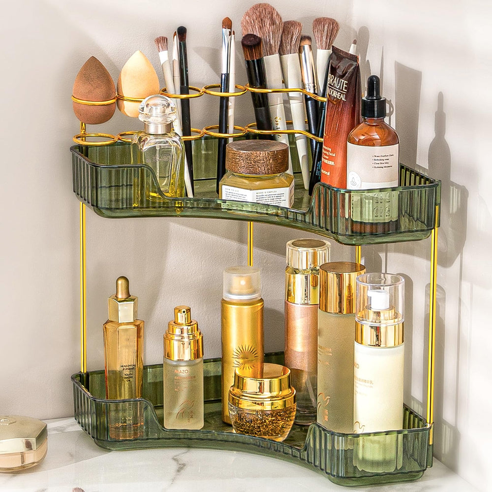 NATURE'S SOURCE makeup-organizer corner-green-front-view shows space-saving vanity solution