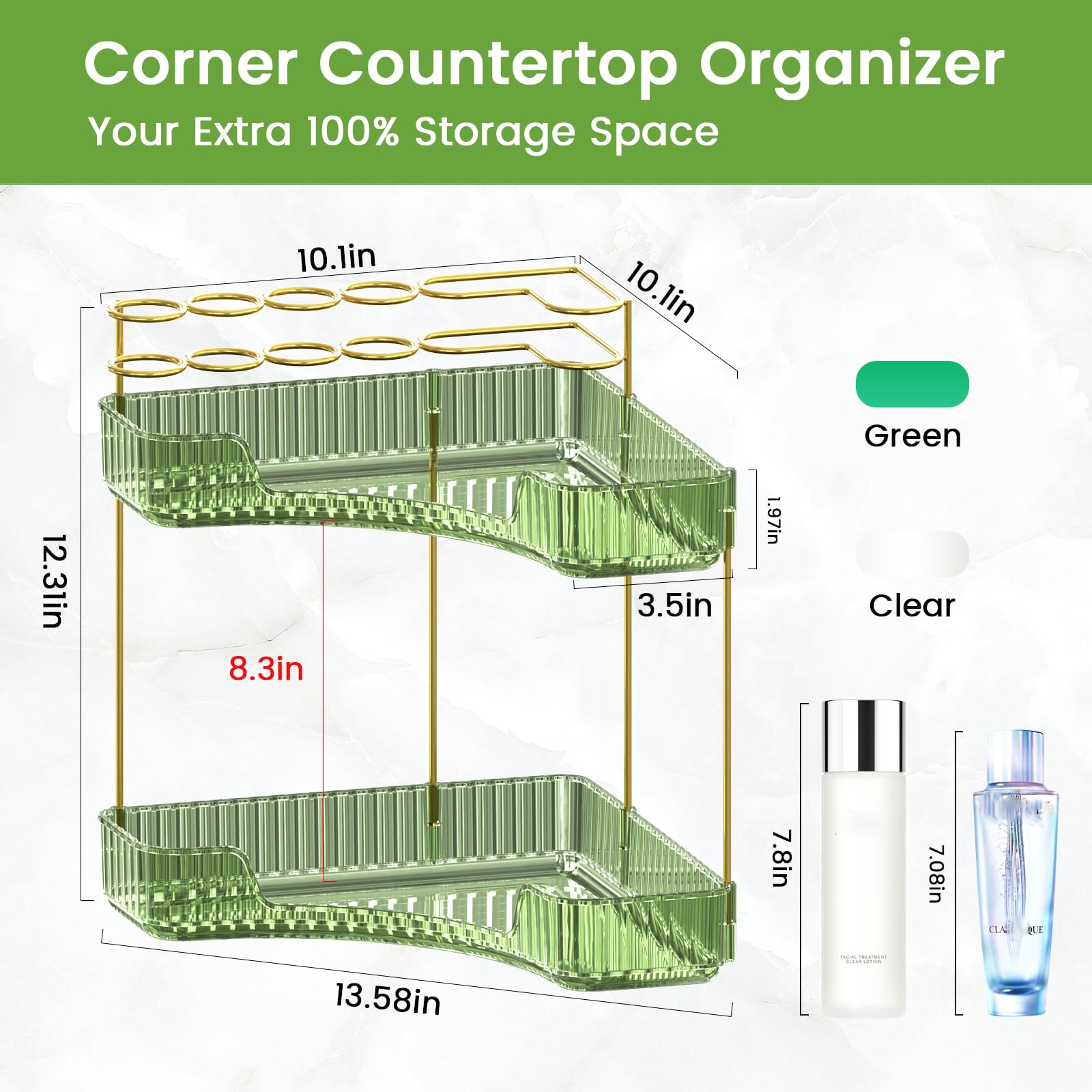 NATURE'S SOURCE corner-storage-green-side-angle highlights two-tier design for tall products