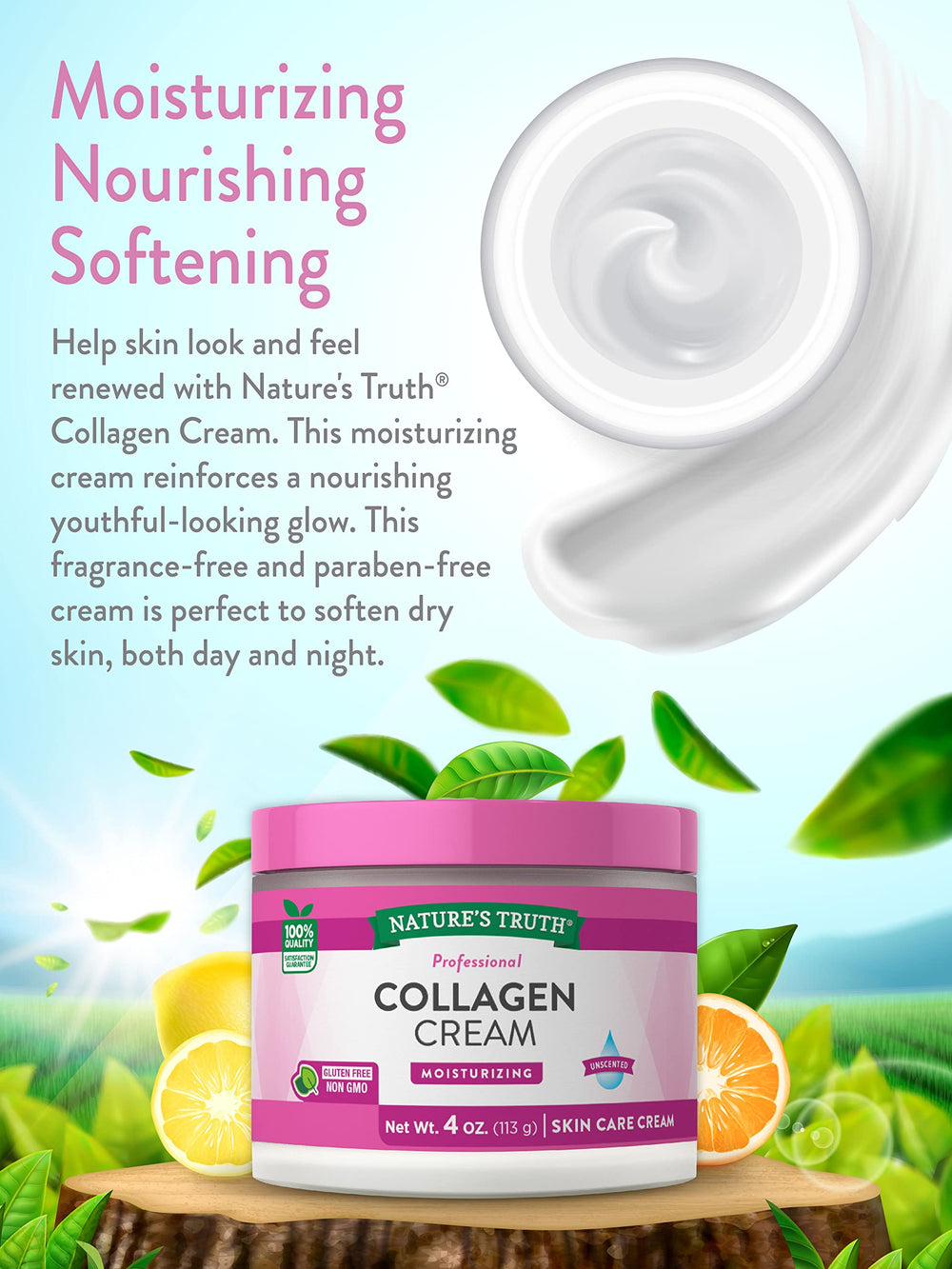 Nature's Truth Collagen Cream texture swirl demonstrates creamy, professional-strength hydration.
