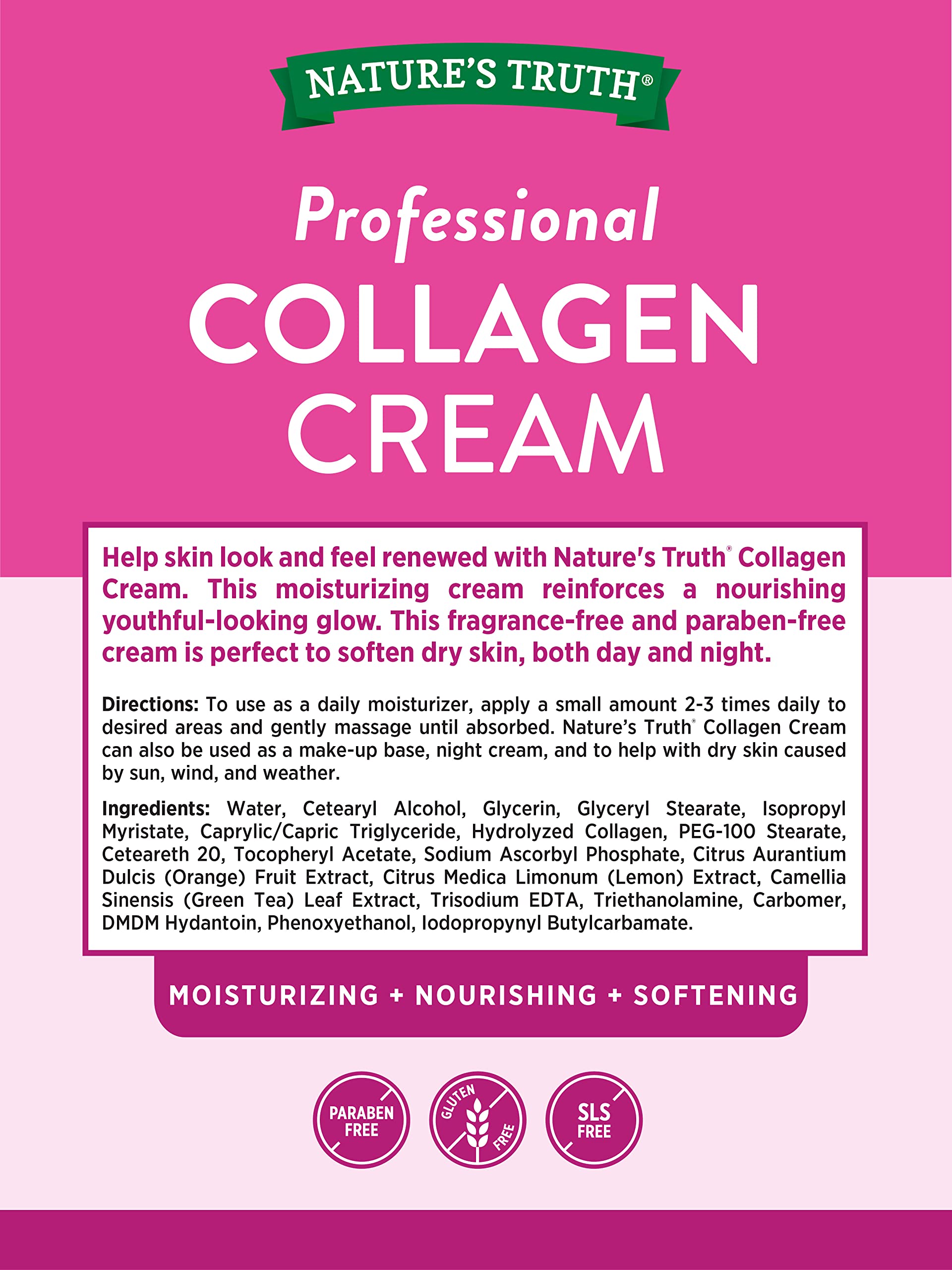 Nature's Truth Collagen Cream unscented label shows fragrance-free formula for sensitive skin.