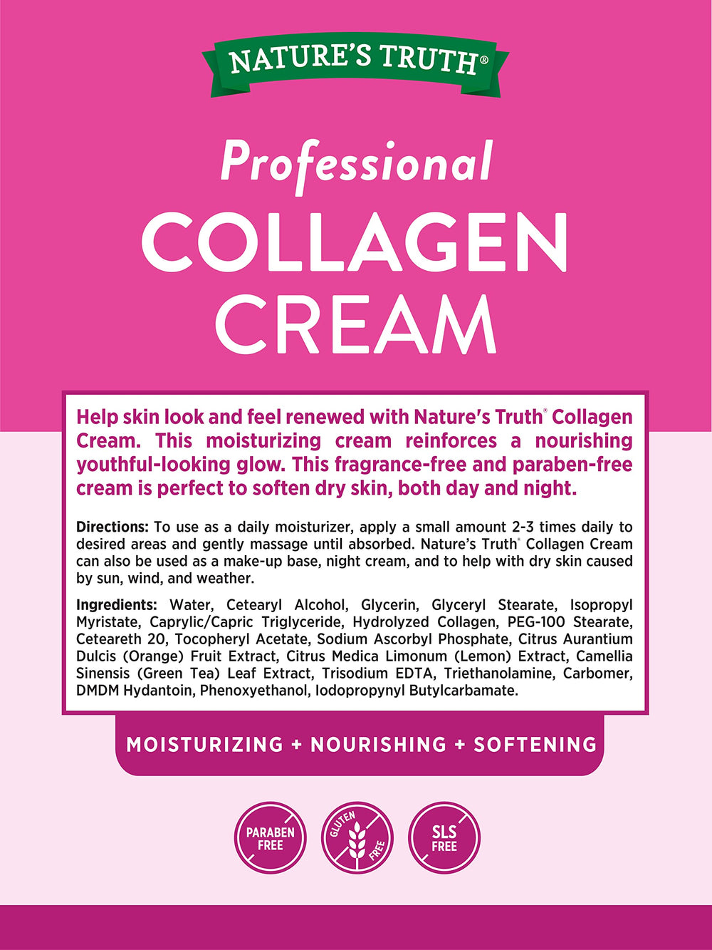 Nature's Truth Collagen Cream unscented label shows fragrance-free formula for sensitive skin.