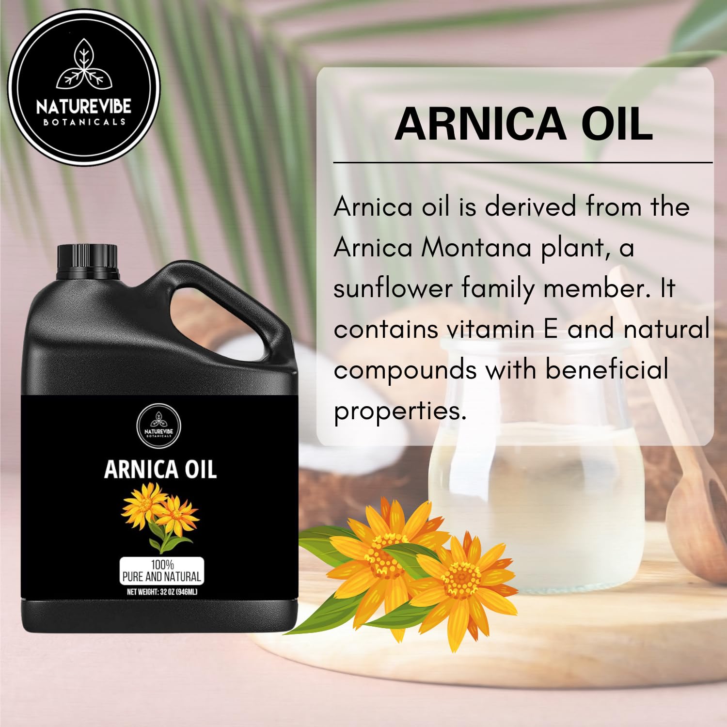 Naturevibe Botanicals Arnica Oil amber bottle close-up showing undiluted, soothing oil.