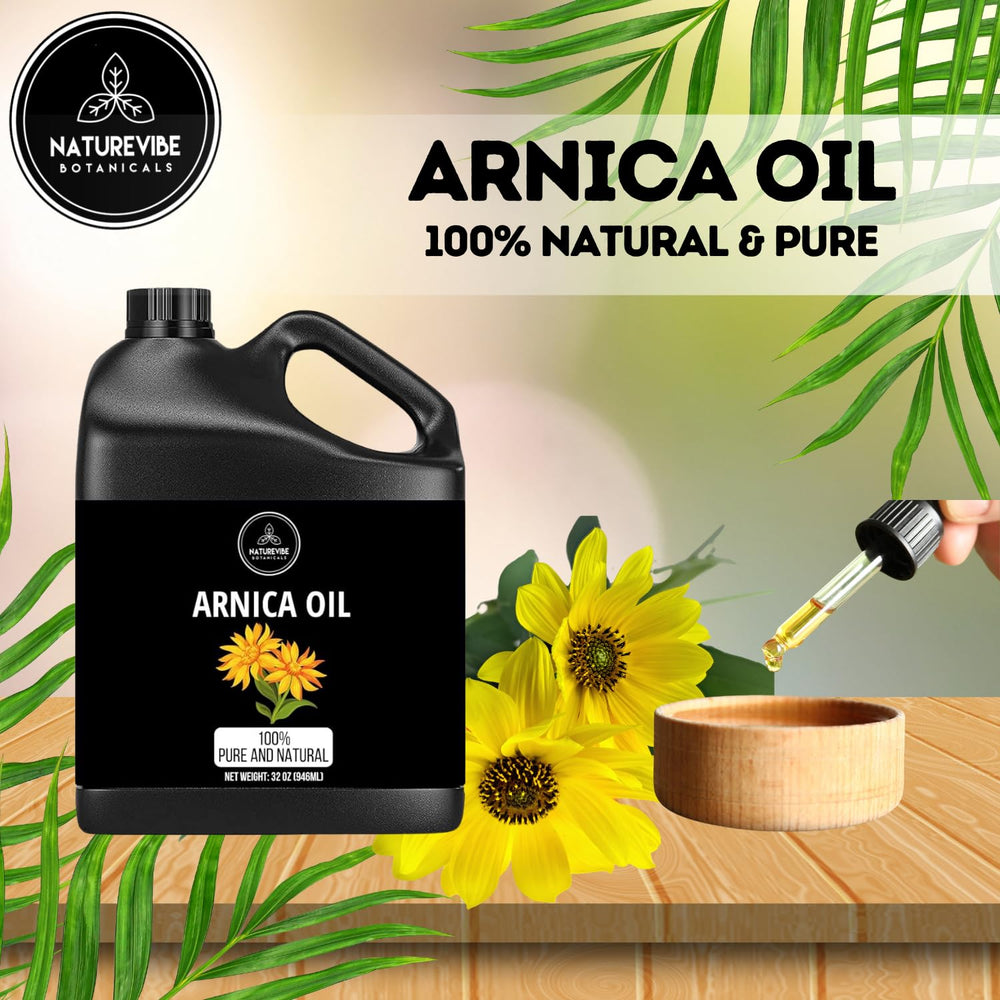 Naturevibe Botanicals Arnica Oil cold-pressed bottle highlighting pure, natural formulation.