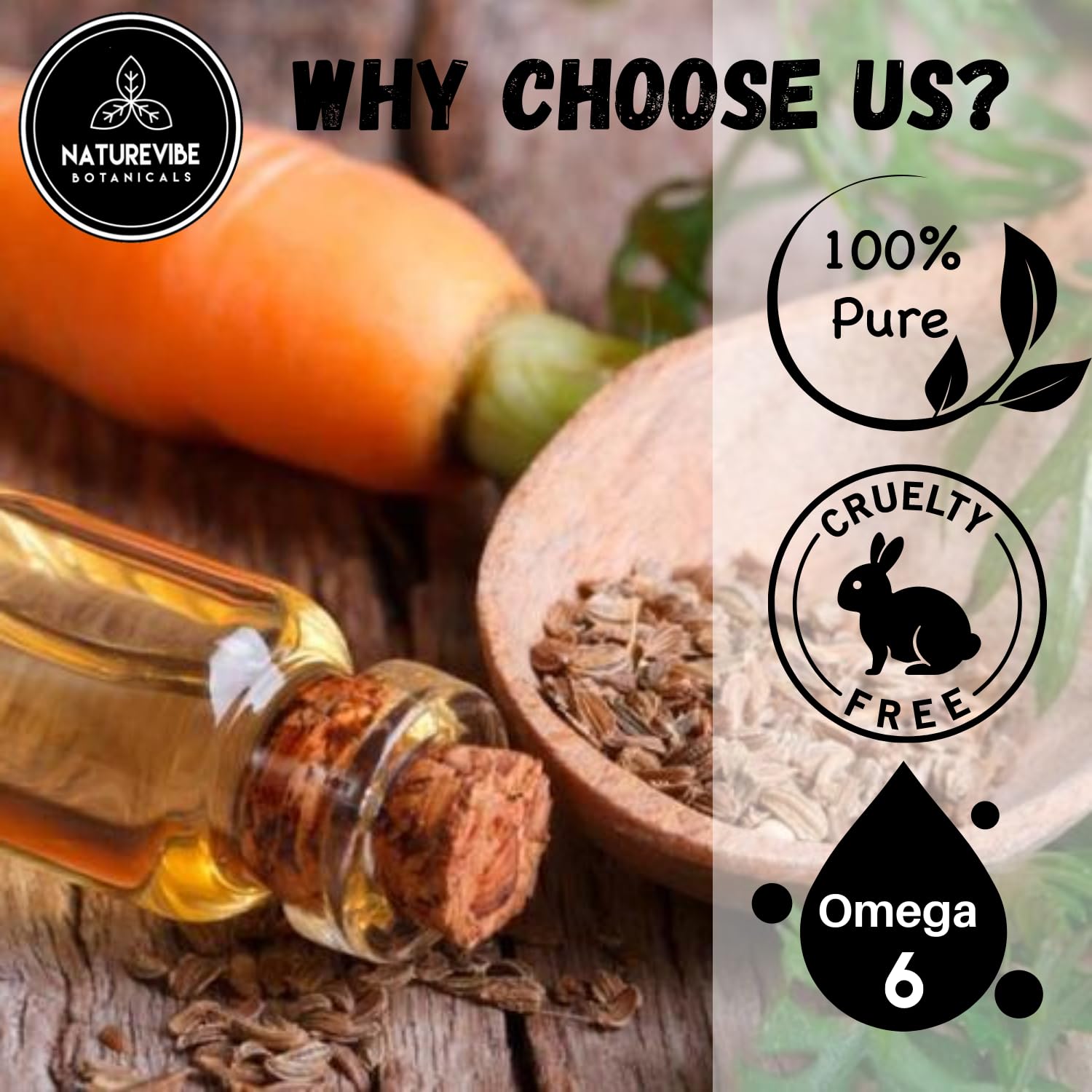 Naturevibe Botanicals carrot oil ingredients label highlights pure and natural content