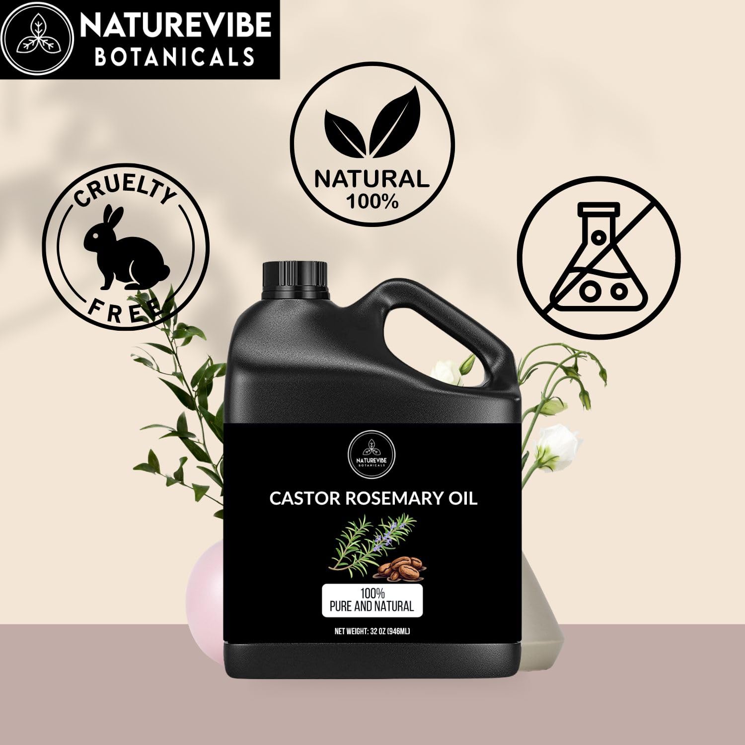 Naturevibe Botanicals Castor Rosemary Oil pour bottle demonstrates a lightweight, non-greasy texture for skin and hair care.