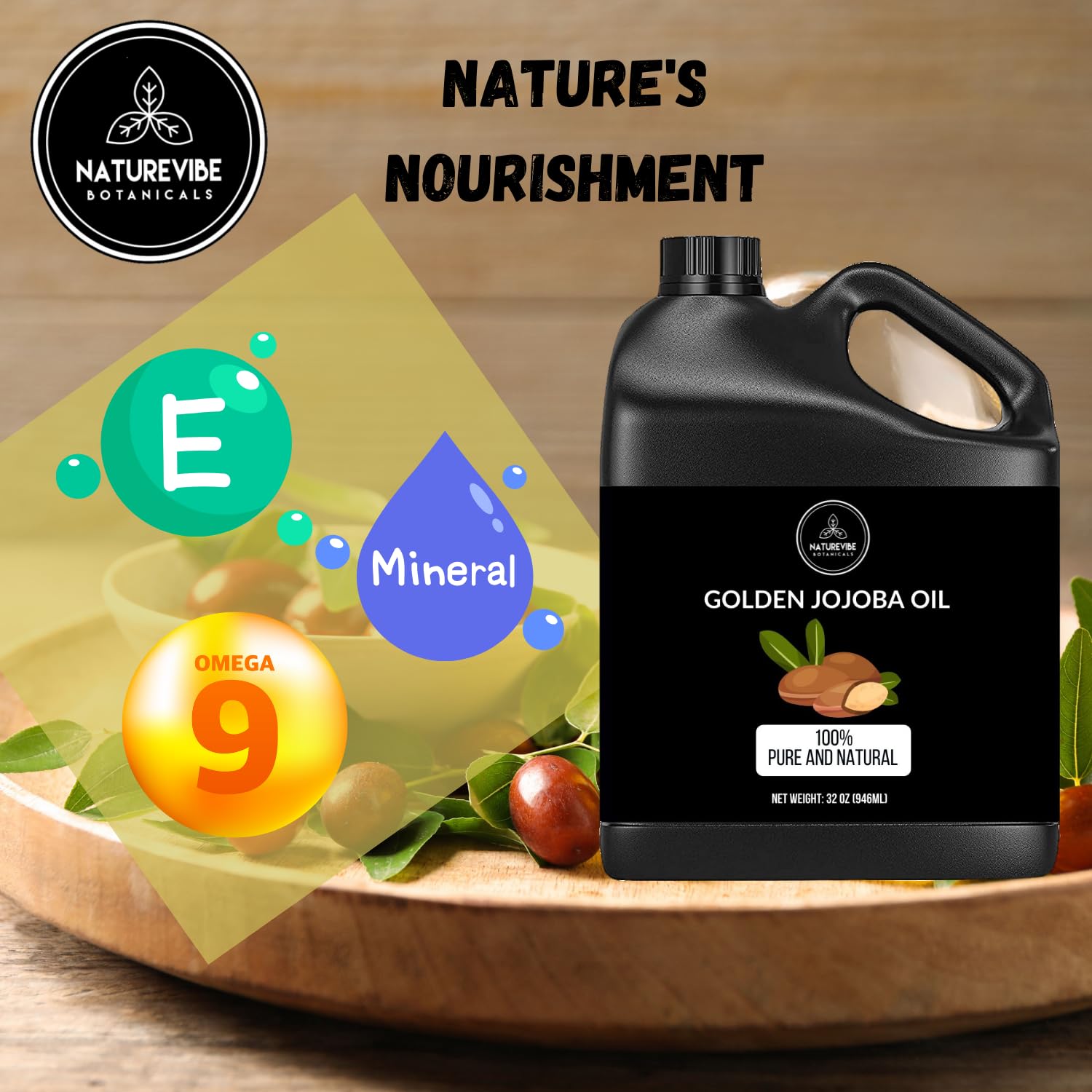 Naturevibe Botanicals Golden Jojoba Oil label highlights 100% pure cold-pressed formula