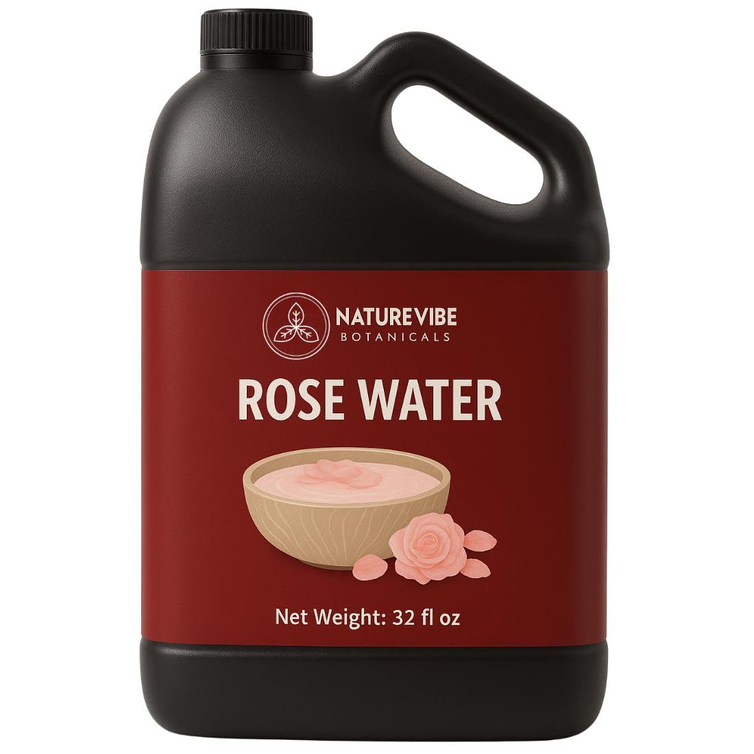 Naturevibe Botanicals Pure Rose Water Toner bottle shows 32 oz size for daily use.