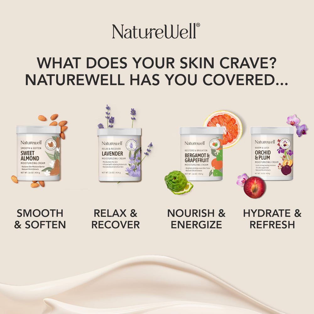 Nature Well Lavender cream bottle close-up emphasizes silky, fast-absorbing finish.