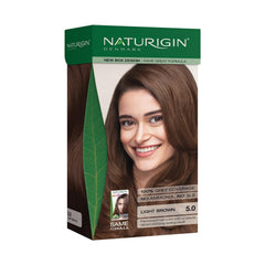 Naturigin light chocolate brown box packaging showing the at-home color kit for salon-grade results.