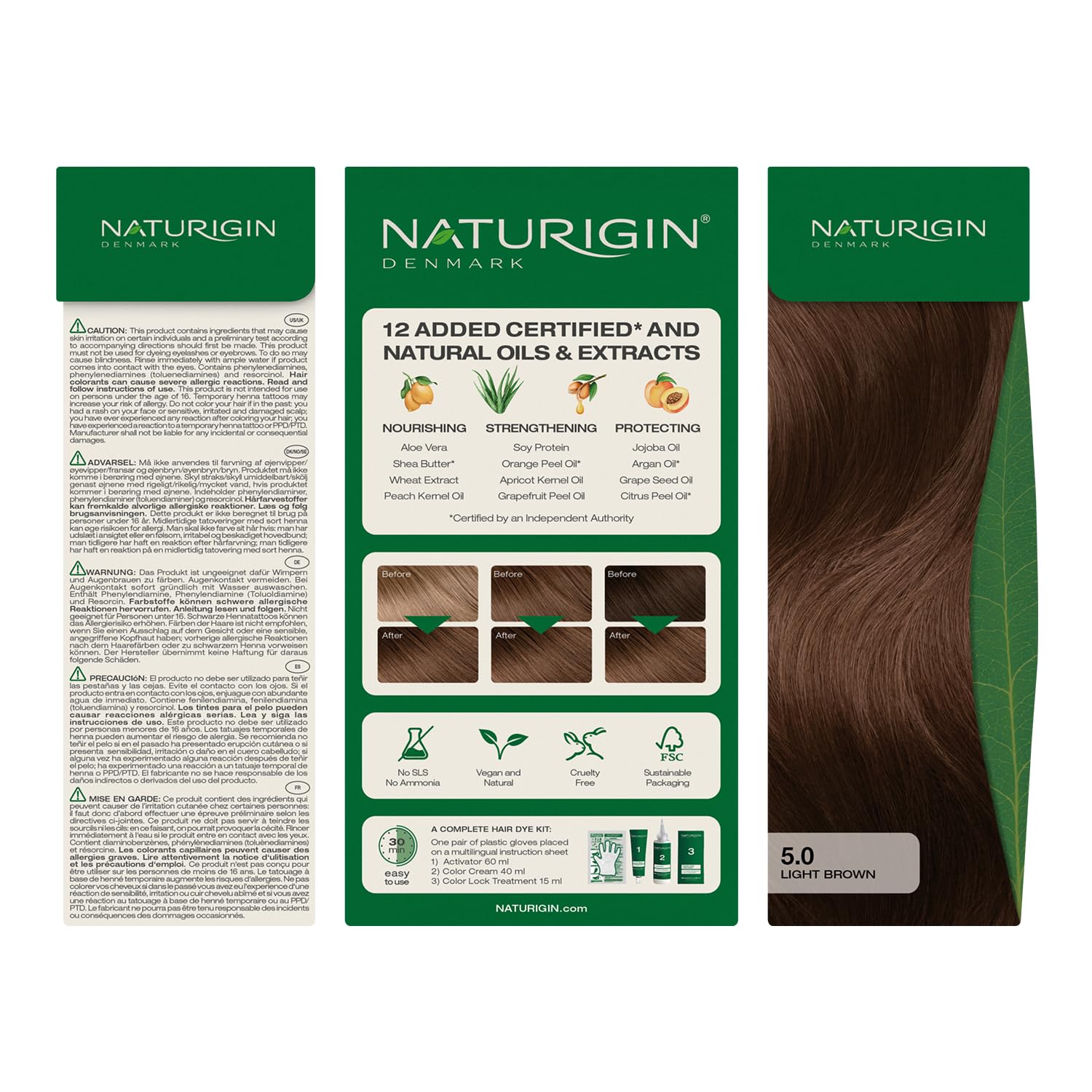 Naturigin light chocolate brown vegan cruelty-free logo indicating ethical dye choice.