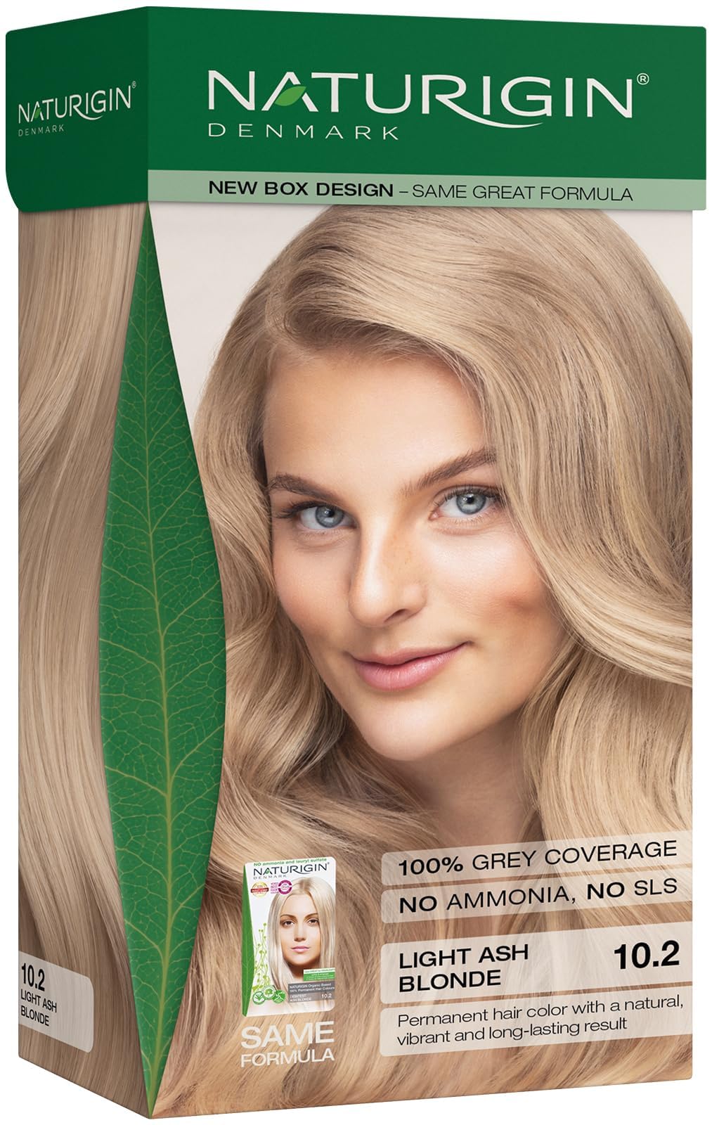 Naturigin permanent color 10-2a light ash blonde box shows at-home salon-quality color
