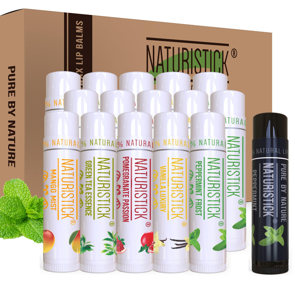 Naturistick lip balm 16-pack packaging for eco-friendly everyday moisturization.