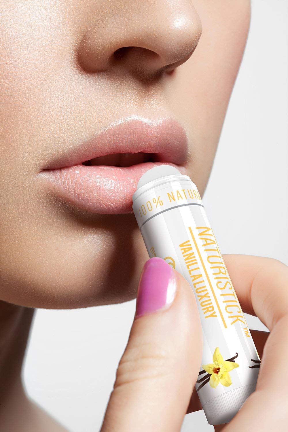 Naturistick vanilla lip balm swatch highlighting smooth, lightly scented hydration.