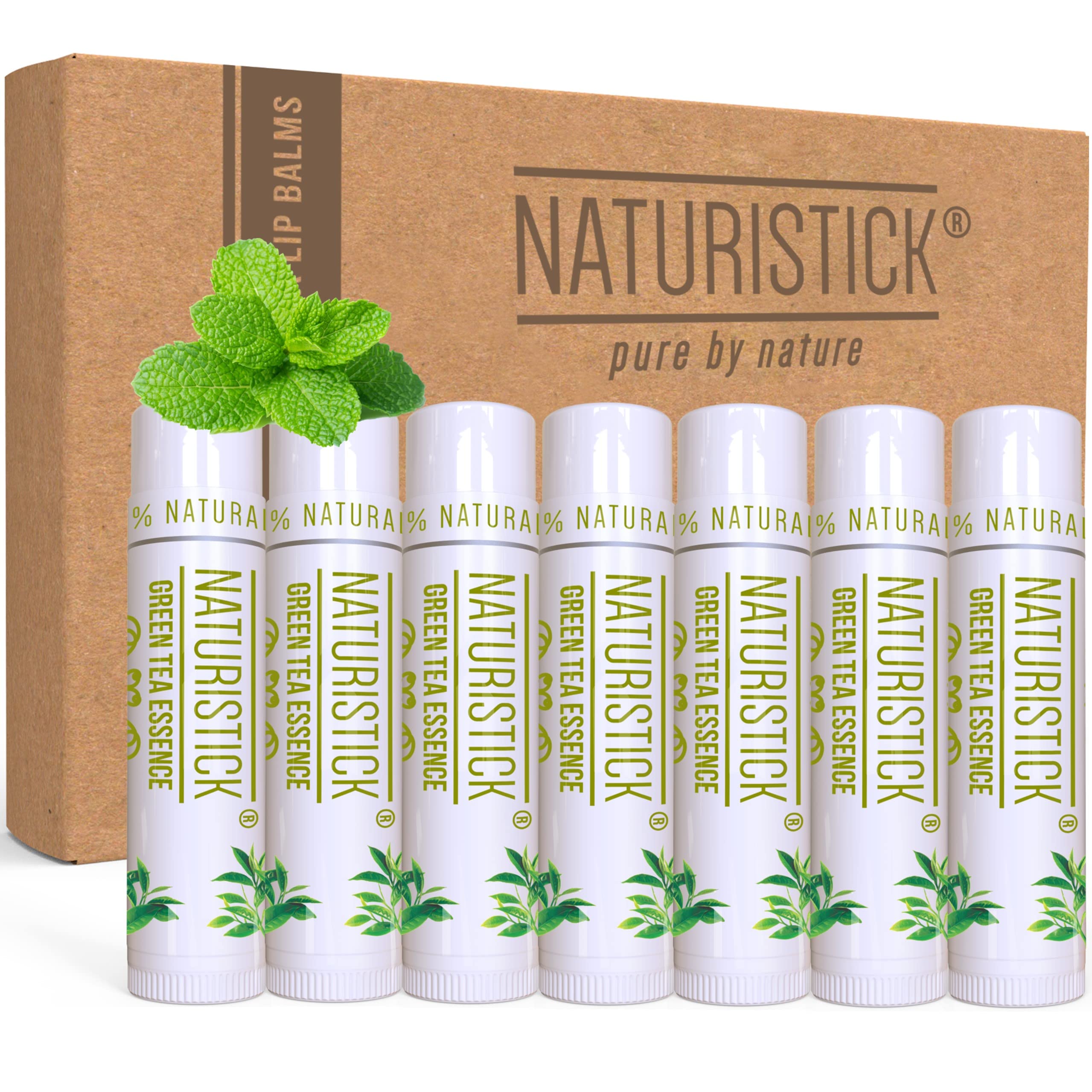 Naturistick premium beeswax lip balm green tea closeup enhances subtle hydration with calming aroma.