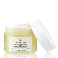 Naturium Glow Getter whipped body butter tub demonstrates deep hydration for dry skin.